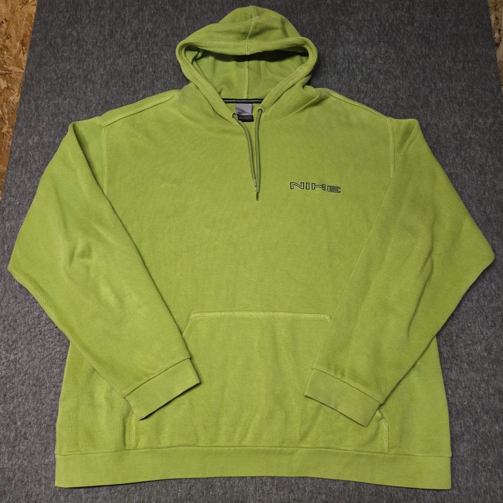 Nike Vintage Y2K Hoodie Mens XL Lime Green Ribbed Embroidered Spellout Swoosh